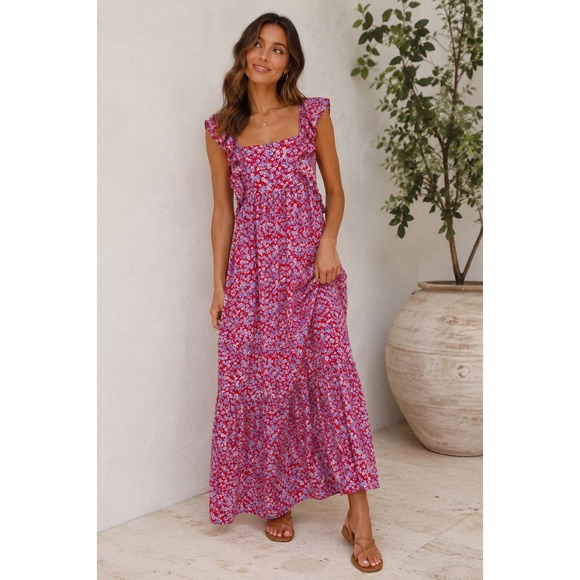 Zara Dresses & Skirts - Zara Floral Ruffle Sleeve Maxi Dress Red Blue Smocked Back Size M